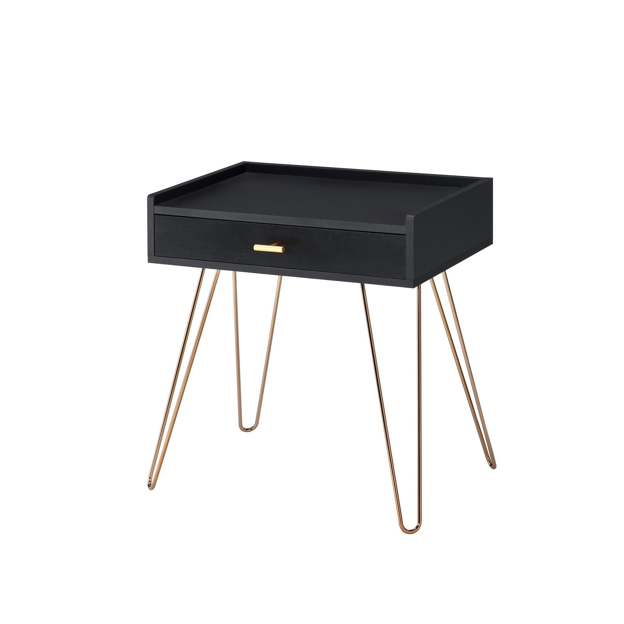 23.5 Inches 1 Drawer End Table with Hairpin Legs， Black and Copper