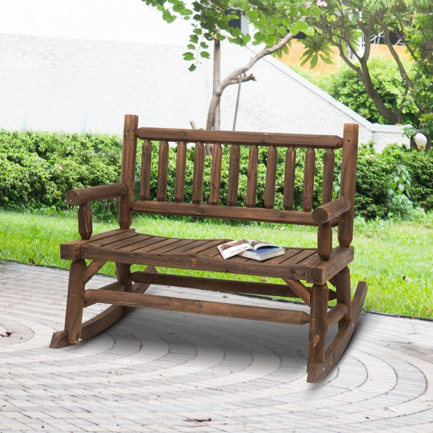 Outsunny 2 person Wood Rocking Chair With Log Design Heavy Duty Loveseat With Wide Curved Seats For Patio Backyard Garden