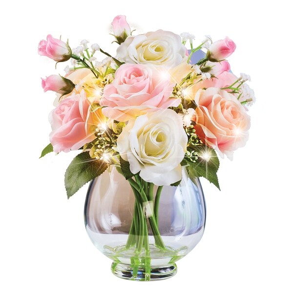 LED Lighted Realistic Artificial Pastel Roses and Glass Vase Centerpiece