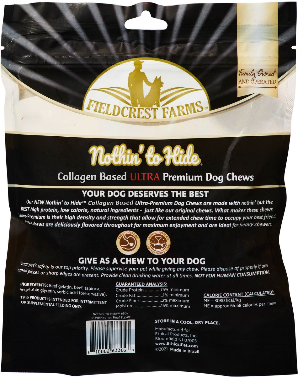 Fieldcrest Farms Nothin To Hide Ultra 3-in Wishbone Beef Dog Treats， 12 count