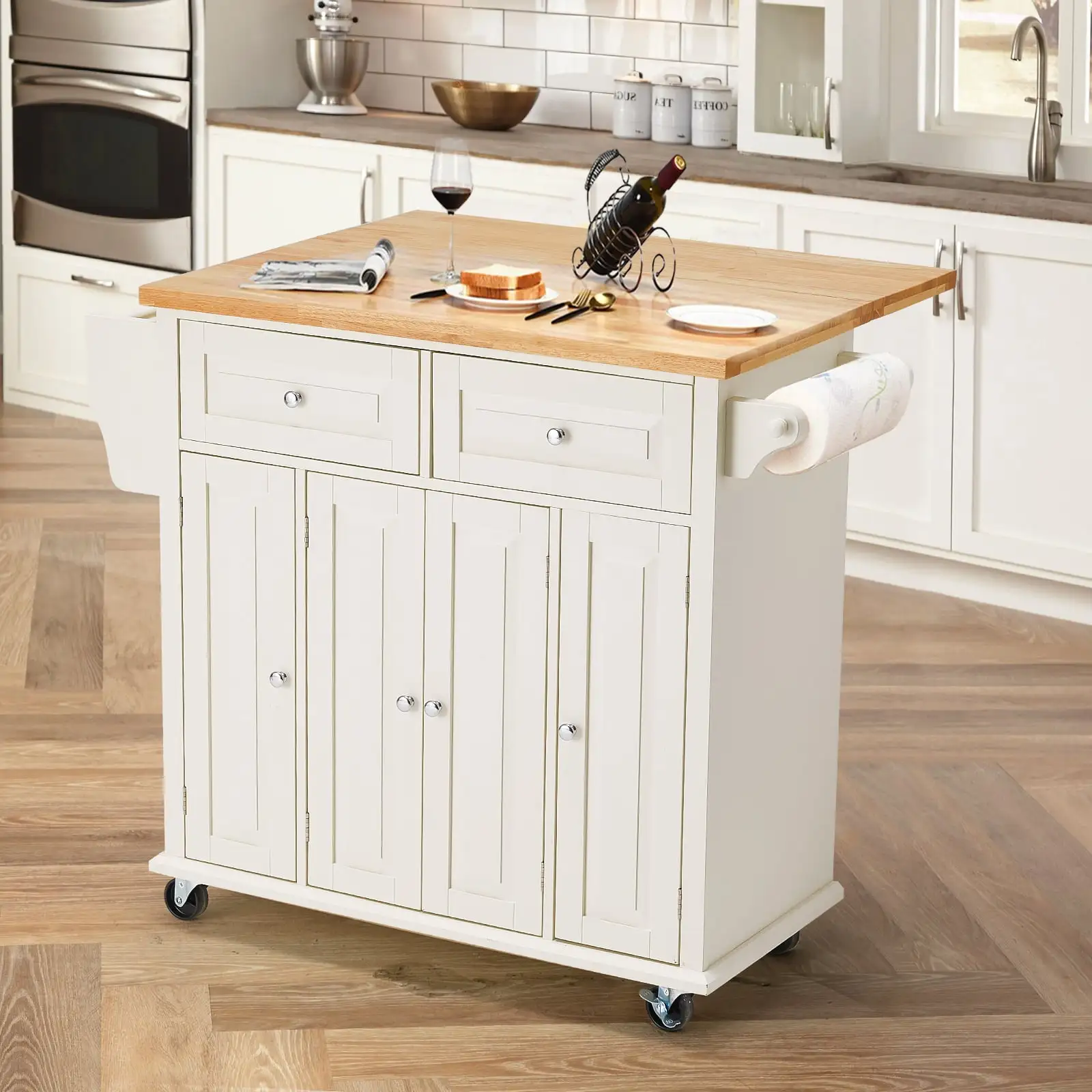 Rolling Kitchen Island Cart with Storage， Kitchen Cart with Drop-Leaf Rubber Wood Tabletop， Lockable Wheels， Trolley Cart Utility Cabinet， Towel Rack， Spice Rack Off-White