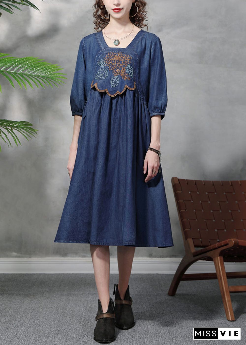 Modern Blue Square Collar Embroideried Cotton Denim Dresses Half Sleeve