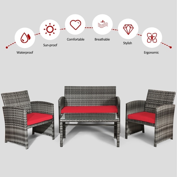 Gymax 8PCS Patio Outdoor Rattan Conversation Furniture Set w/ Red