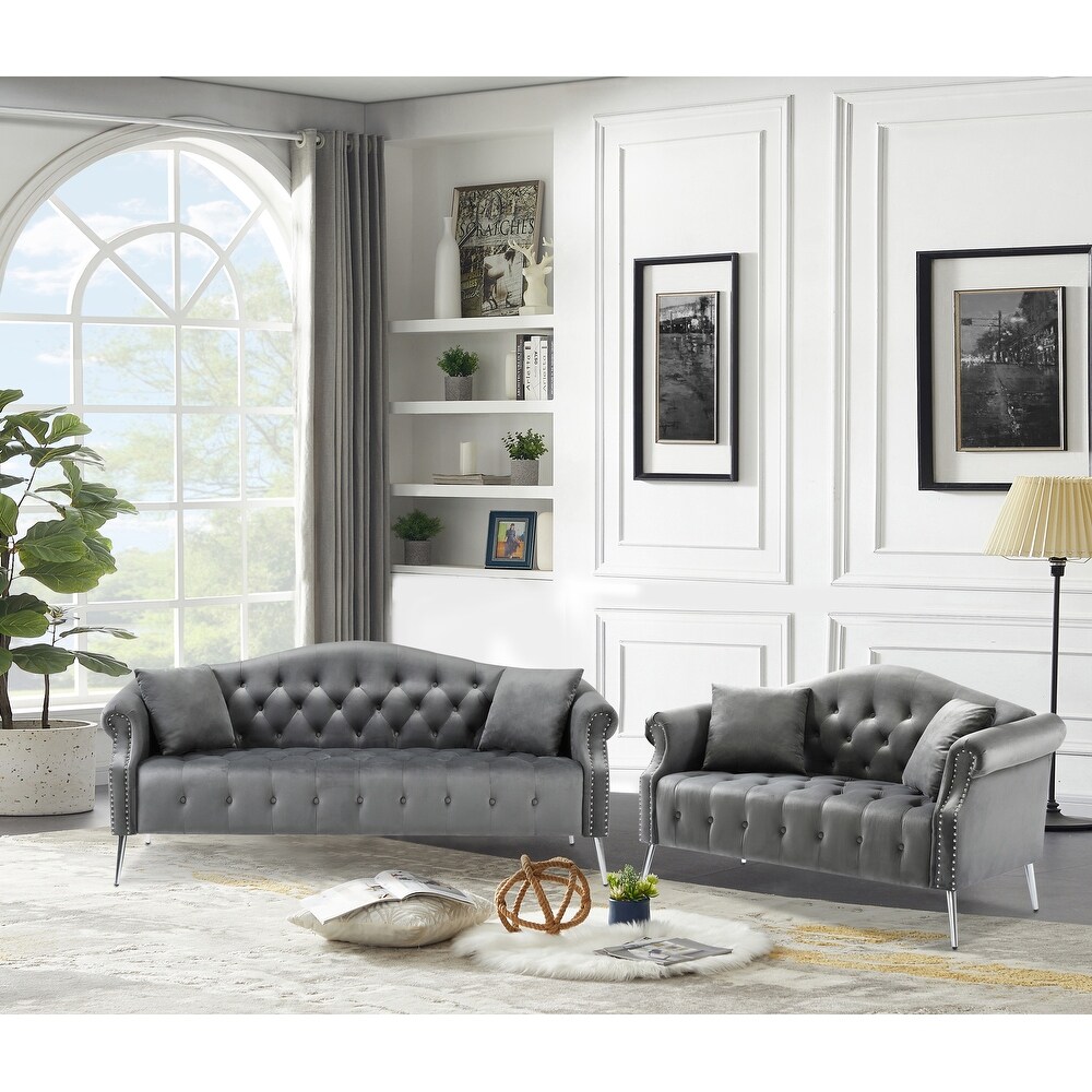 Chesterfield Sectional Sofa Sets Rolled Arms Lounge Loveseat Sofa Button Tufted Accent Settee w/ Nailhead Trim  4 Pillows  Grey