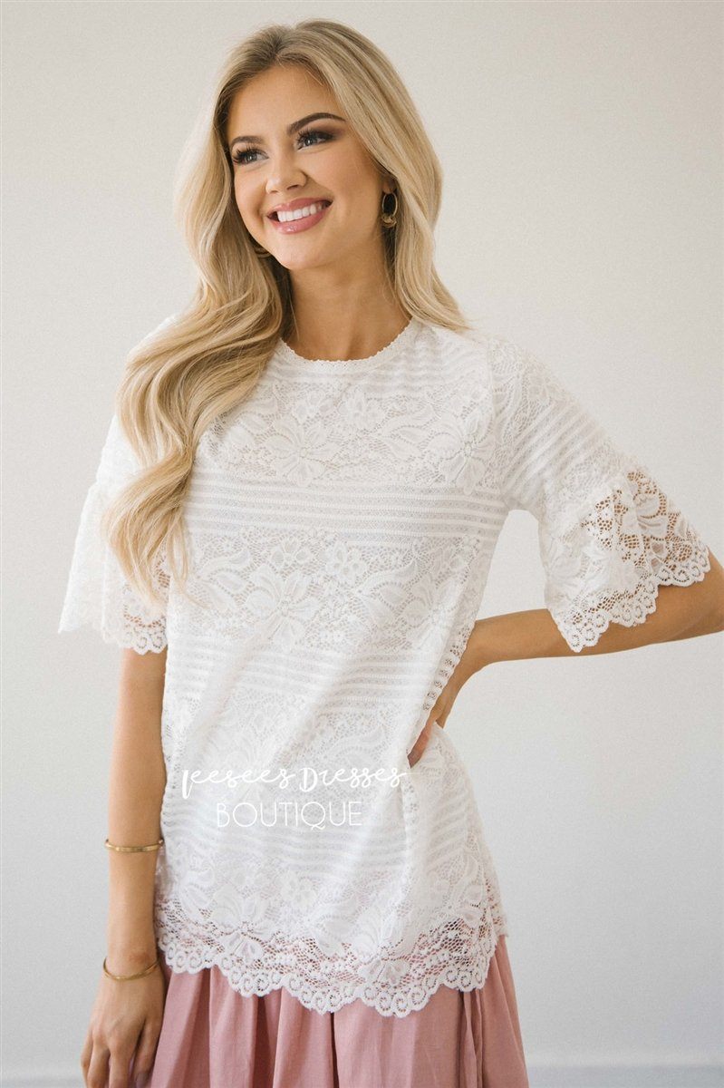 Lace Scalloped Bell Sleeve Top