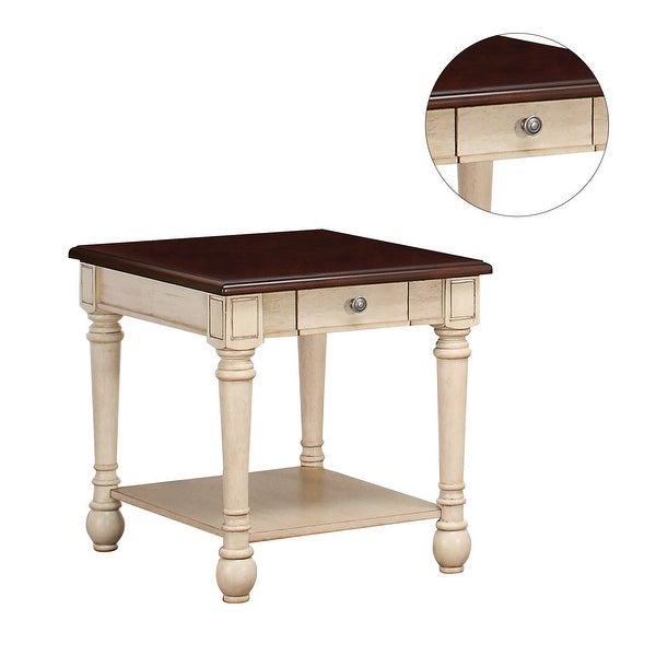 Rectangular Wood End Table， Dark Brown and Antique White