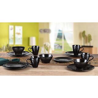 Lorren Home Trends 16-Piece Stoneware Scroll Dinnerware Set-Black LH528