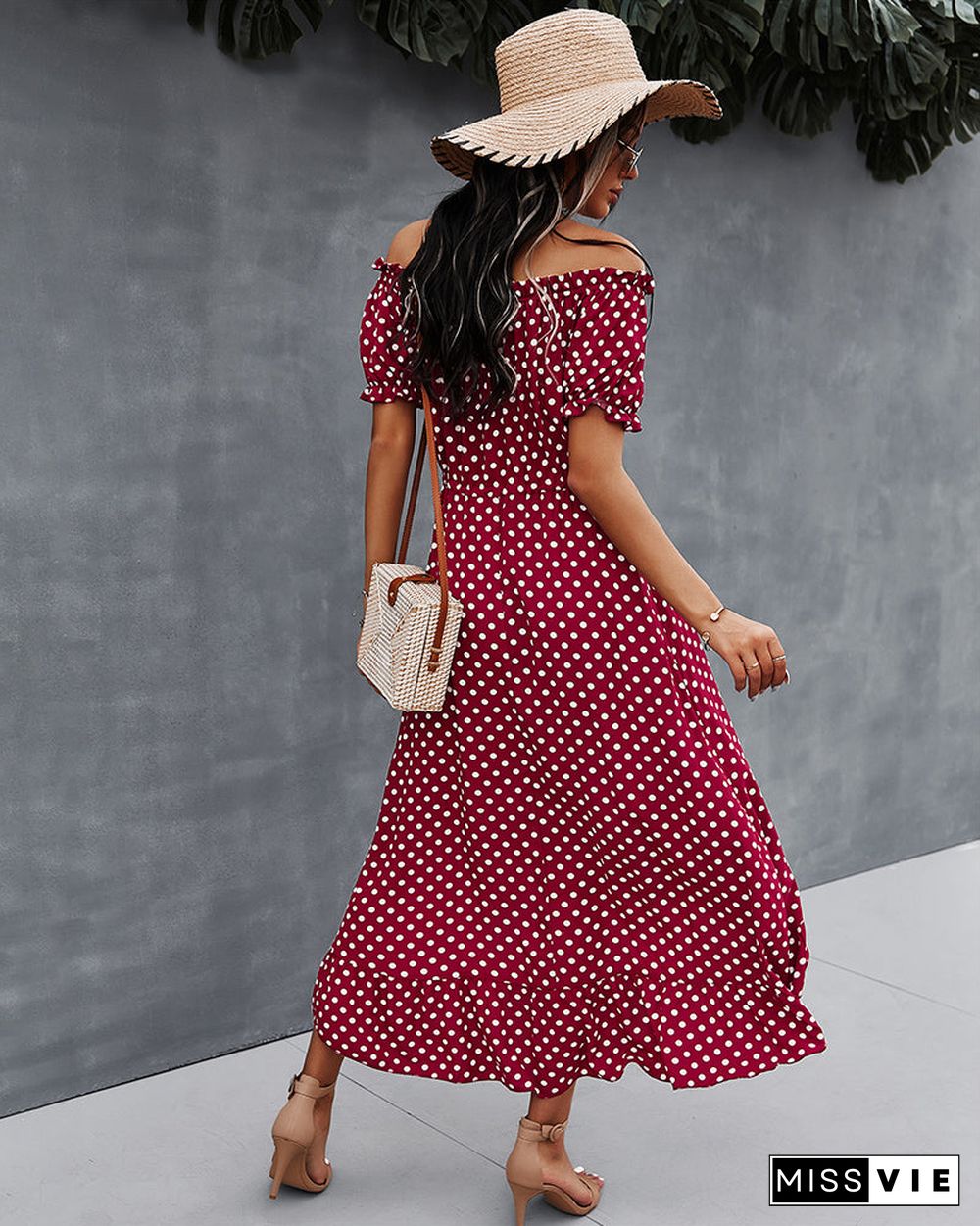 Off Shoulder Polka Dot Button Down Maxi Dress