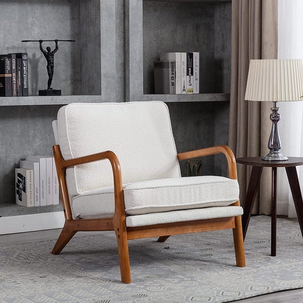 Mid Century Modern Accent Chair， Single Upholstered Lounge Reading Armchair with Solid Wood Frame and Cushions， Beige Fabric