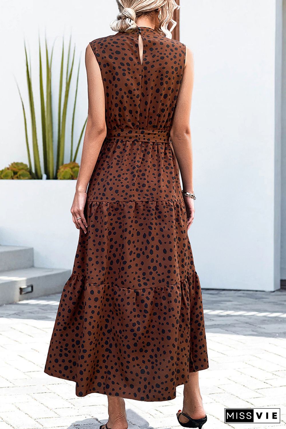 Polkadot Sleeveless Waist Tie Knot Long Dress