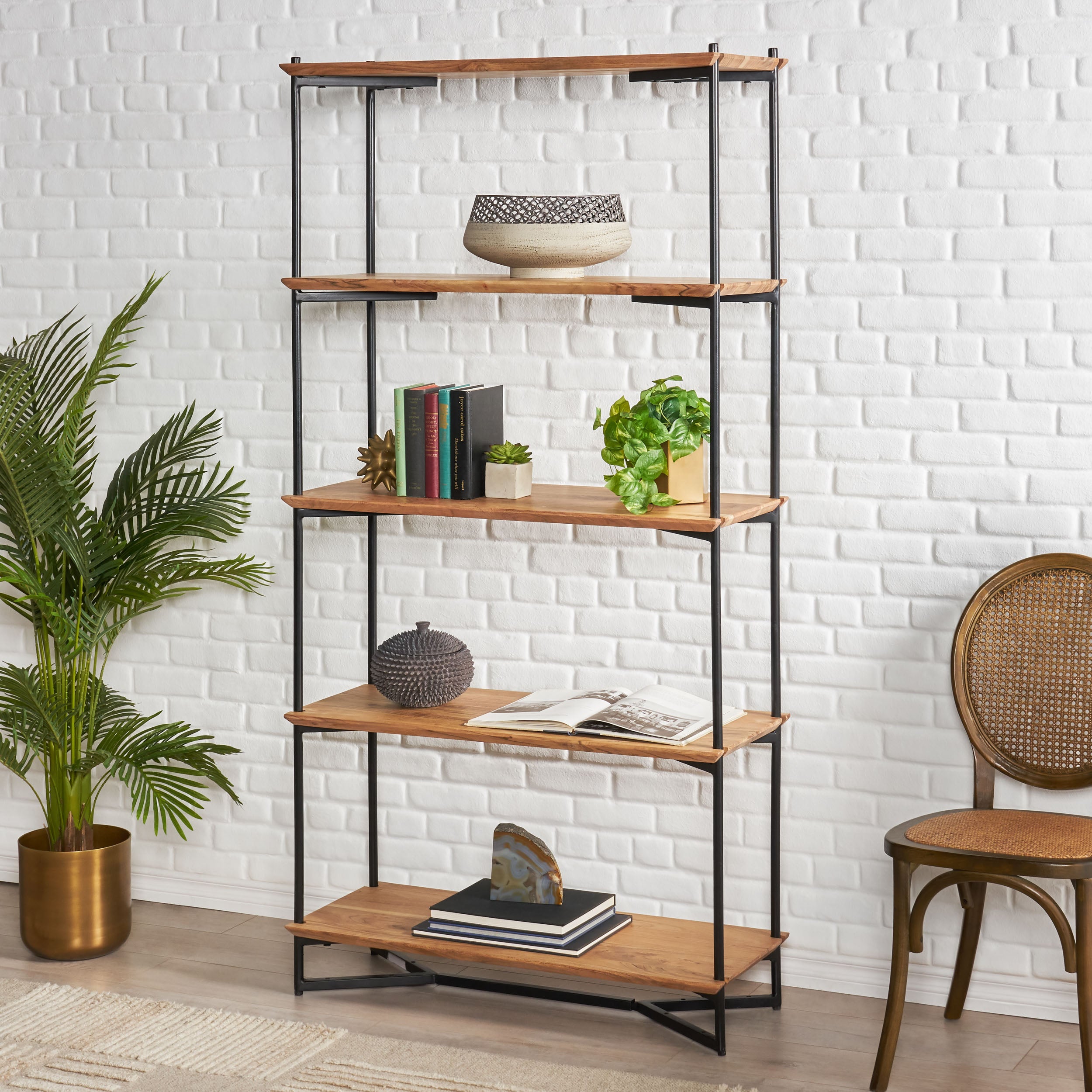 Gurley Handcrafted Modern Industrial 5 Shelf Acacia Wood Etagere Bookcase