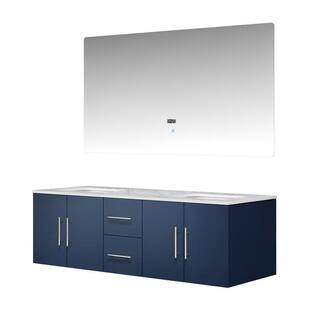 Lexora Geneva 60 in. W x 22 in. D Navy Blue Double Bath Vanity Carrara Marble Top and 60 in. LED Mirror LG192260DEDSLM60