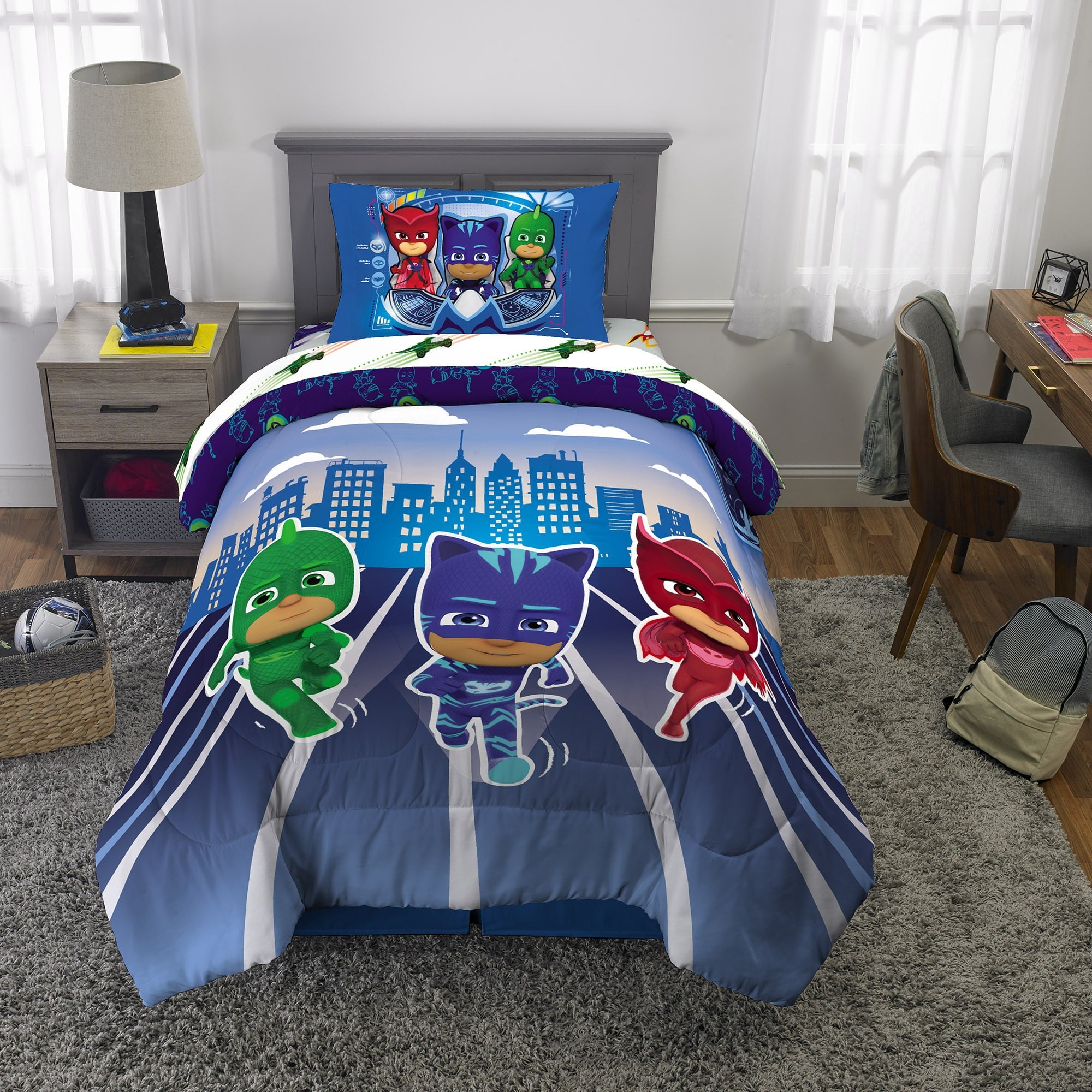 PJ Masks Kids Twin Bed in a Bag, Comforter and Sheets, Blue, Hasbro