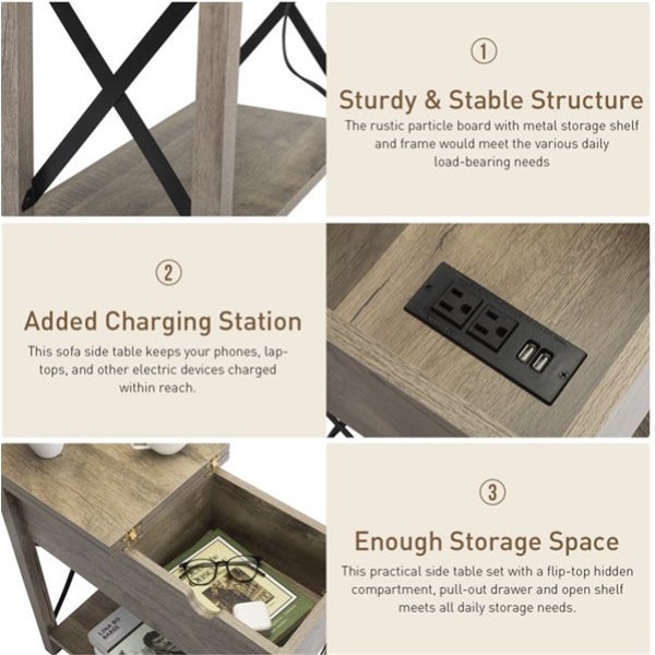 Flip Top End Table Charging Station Narrow Side Table with Drawer Gray