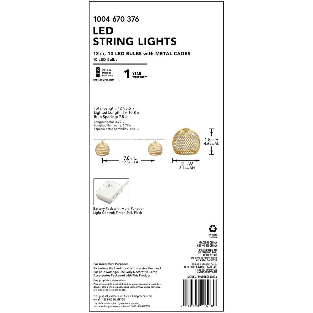 Hampton Bay Indoor 12 ft. Battery Operated Metal Integrated LED String Lights (10-Light) 10508