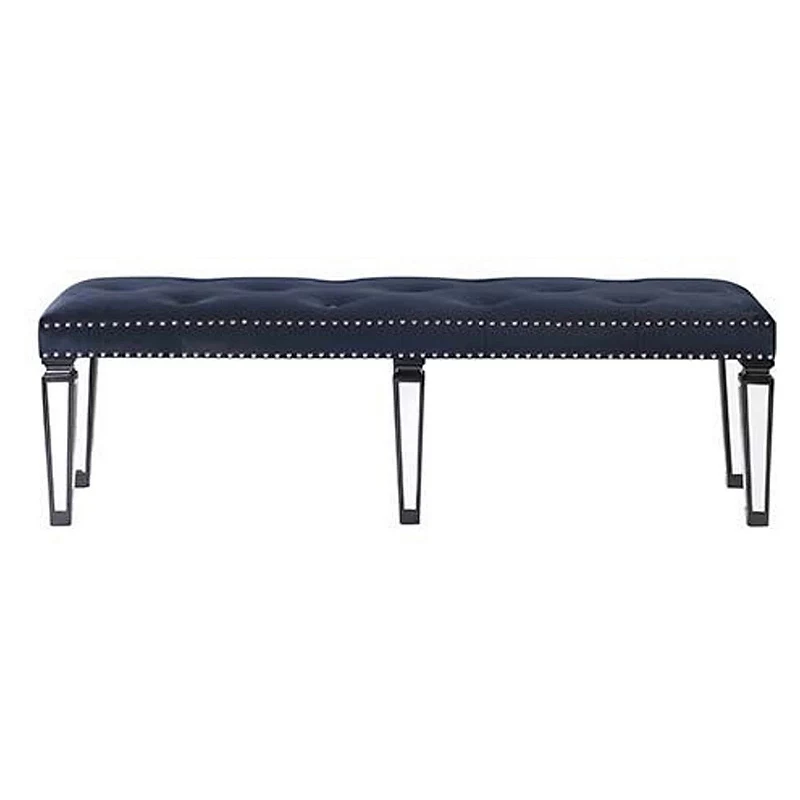 Bench with Button Tufting and Mirror Tapered Legs， Blue