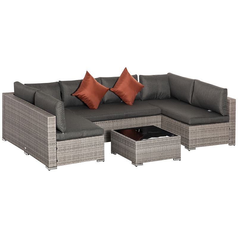 Outsunny 4-Piece Patio Furniture Sets Outdoor Wicker Conversation Set PE Rattan Sectional sofa set with Tempered Glass Coffee Table and Cushions for Backyard and Garden， Grey