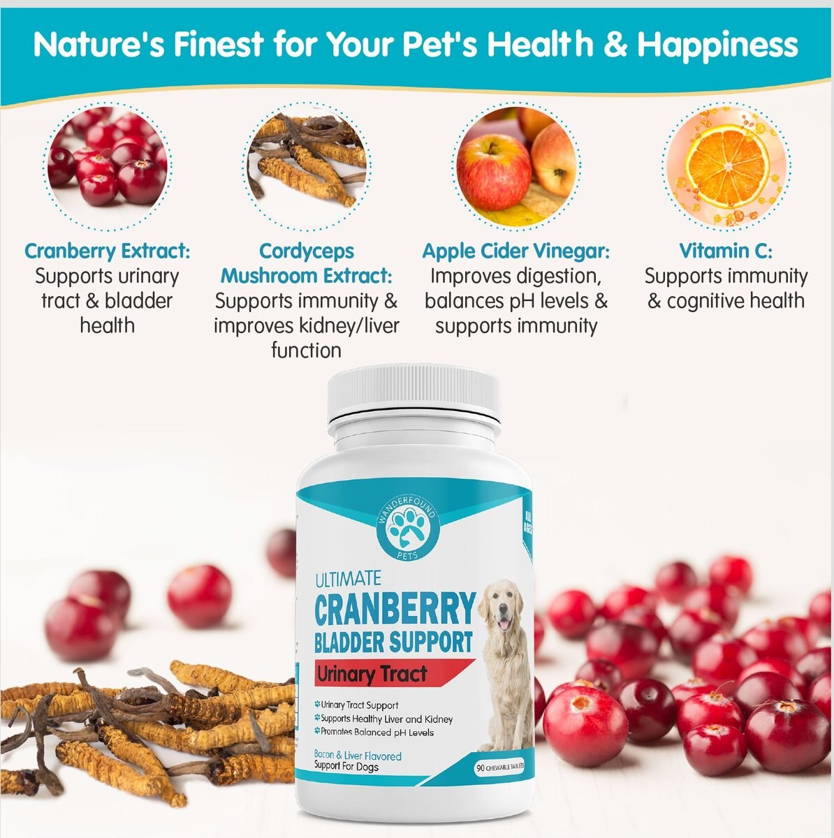 Wanderfound Pets Ultimate Cranberry Bladder and Urinary Tract Support Cat and Dog Supplement， 90 count