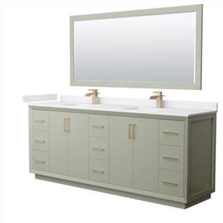 Wyndham Collection Strada 84 in. W x 22 in. D x 35 in. H Double Bath Vanity in Light Green with White Cultured Marble Top and 70 in. Mirror WCF414184DLZWCUNSM70