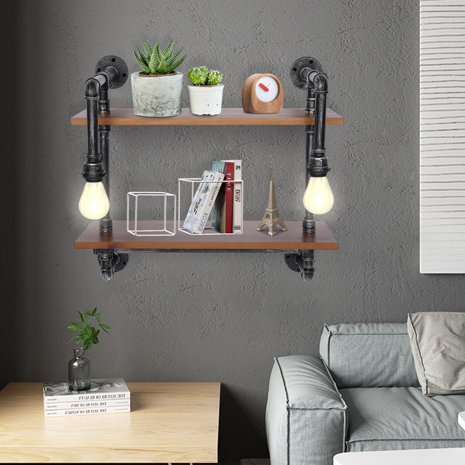 Industrial Rustic Pipe Living Room Wood Shelves with Light Wall Mounted Rustic Steampunk Floating Shelves