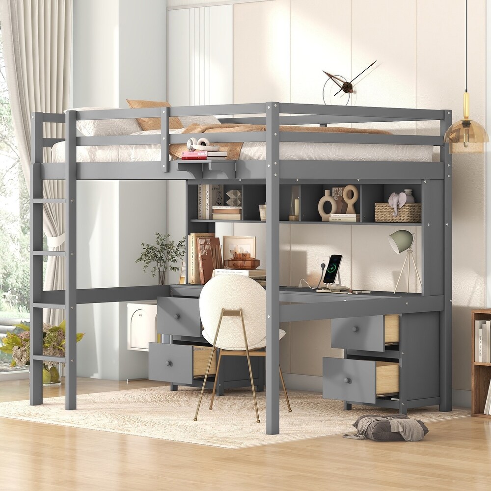 Full Size Loft Bed with Desk  Storage Cabinets  Drawers   Bedside Tray  Versatile Wood Bedframe with Plug Outlets   2 USB Port