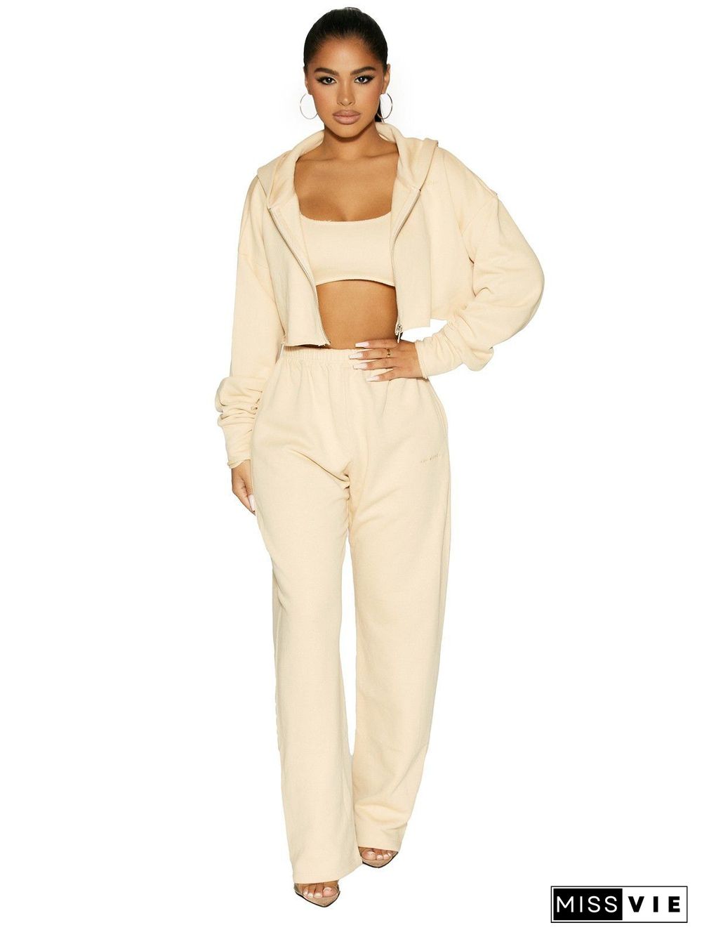 Thicken Zip Hooded Crop Top Wide Leg Pants Set