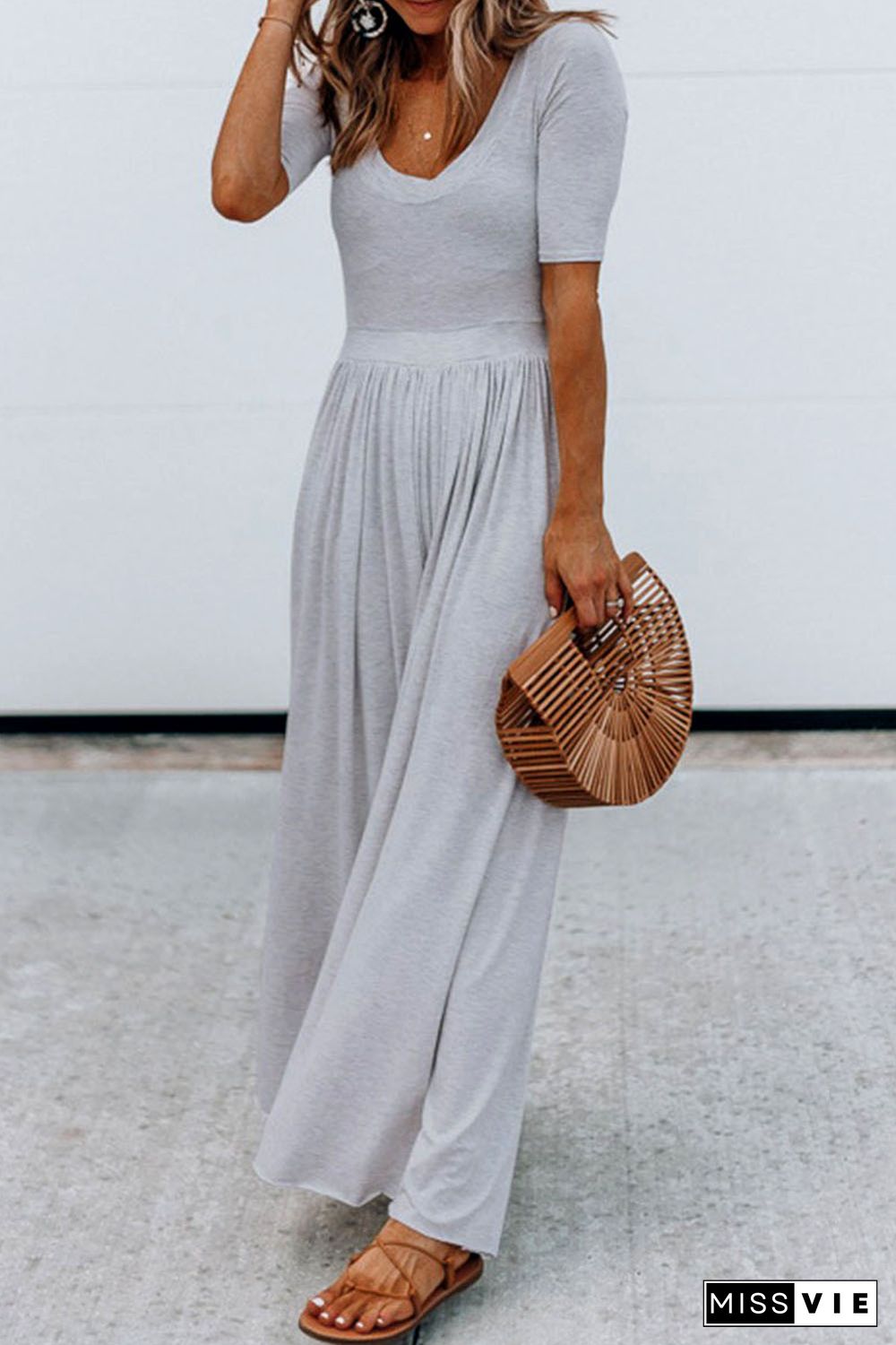 Gray Short Sleeve Bodice Flowy Wide Leg Jumpsuit