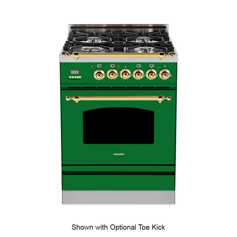 Hallman 24 in. 2.4 cu. ft. Single Oven Italian Gas Range with True Convection 4 Burners Brass Trim in Emerald Green HGR24BSGN