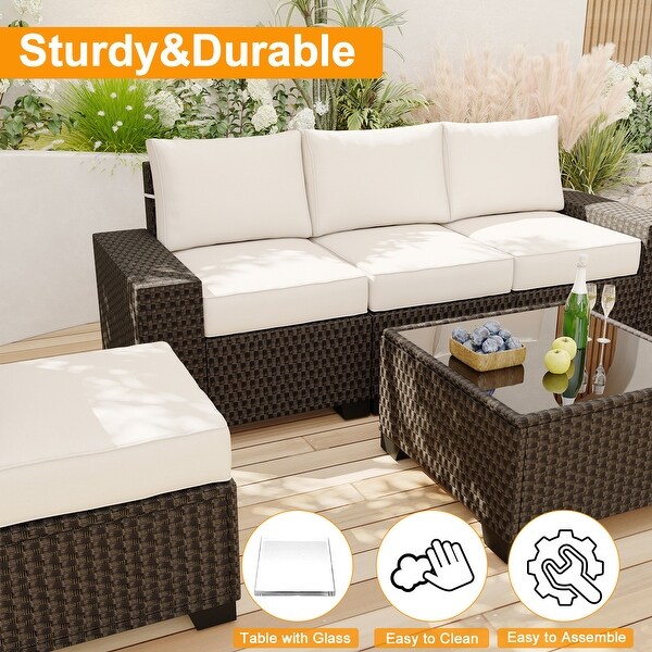 Outdoor Patio Sofa，6 Piece Rattan Furniture Set with Glass Table