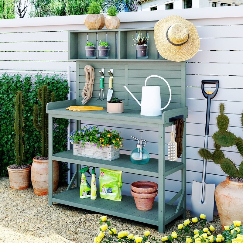 Large Wooden Outdoor Potting Bench Table  Patio Workstation  Garden Potting Bench with 4 Storage Shelves and Side Hook