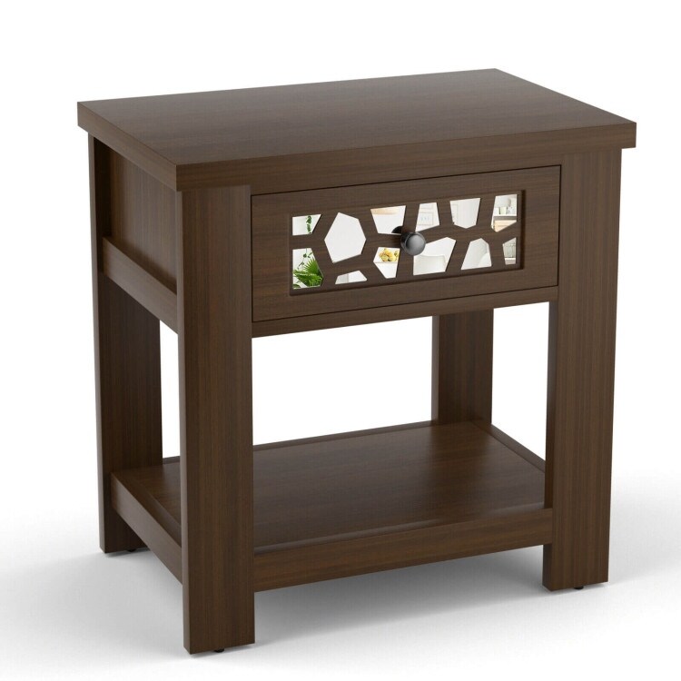 Wood Retro End Table with Mirrored Glass Drawer and Open Storage Shelf-Brown - 23.5