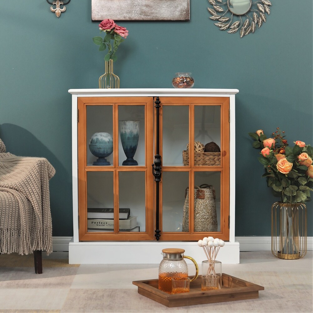 Sideboard Buffet Cabinet  Accent Wood Display Storage Cabinet with Glass Double Doors and Adjustable Shelves