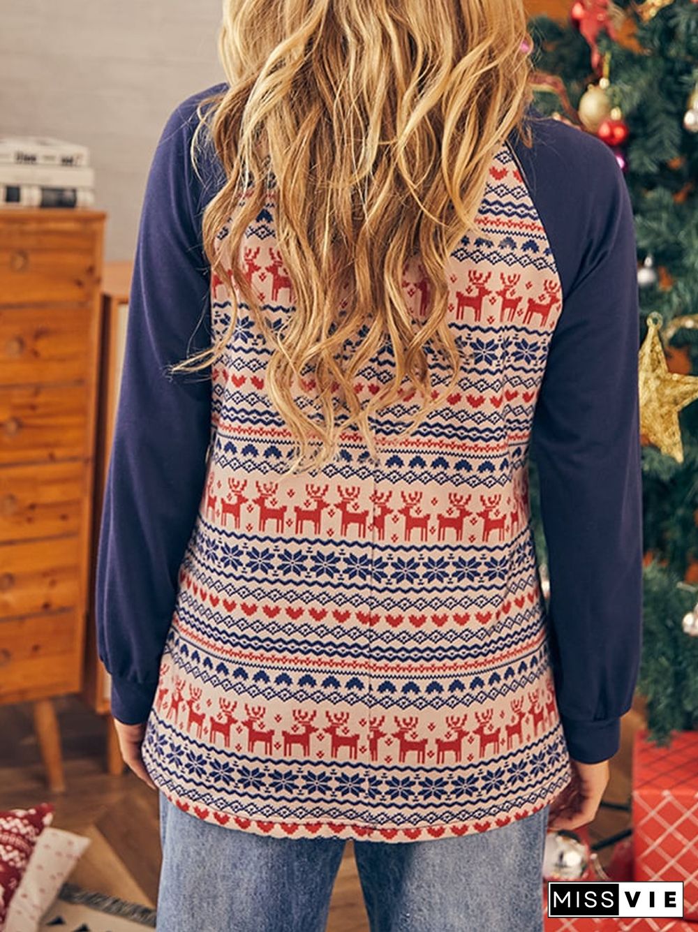 Women's Christmas Elk Print Turtleneck Raglon Sleeve Sweatshirt