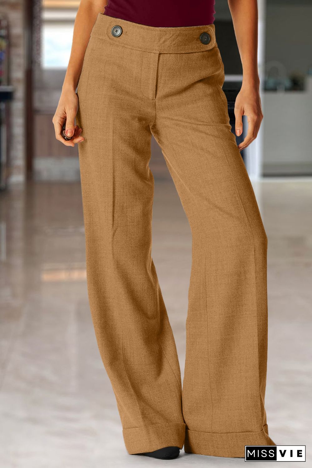 Solid Buttoned Detail Straight Leg Mid Waist Pants