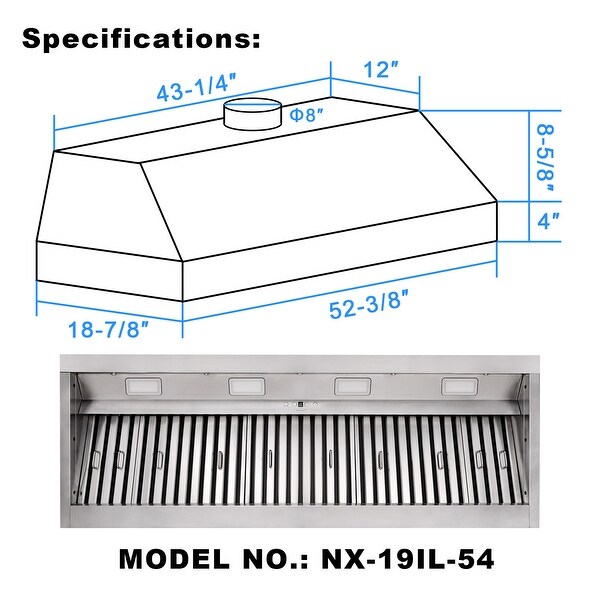 30-60Inch Insert/Built-in Range Hood， Ultra Quiet， Powerful Suction Stainless Steel Kitchen Vent Hood with Dimmable LED Light