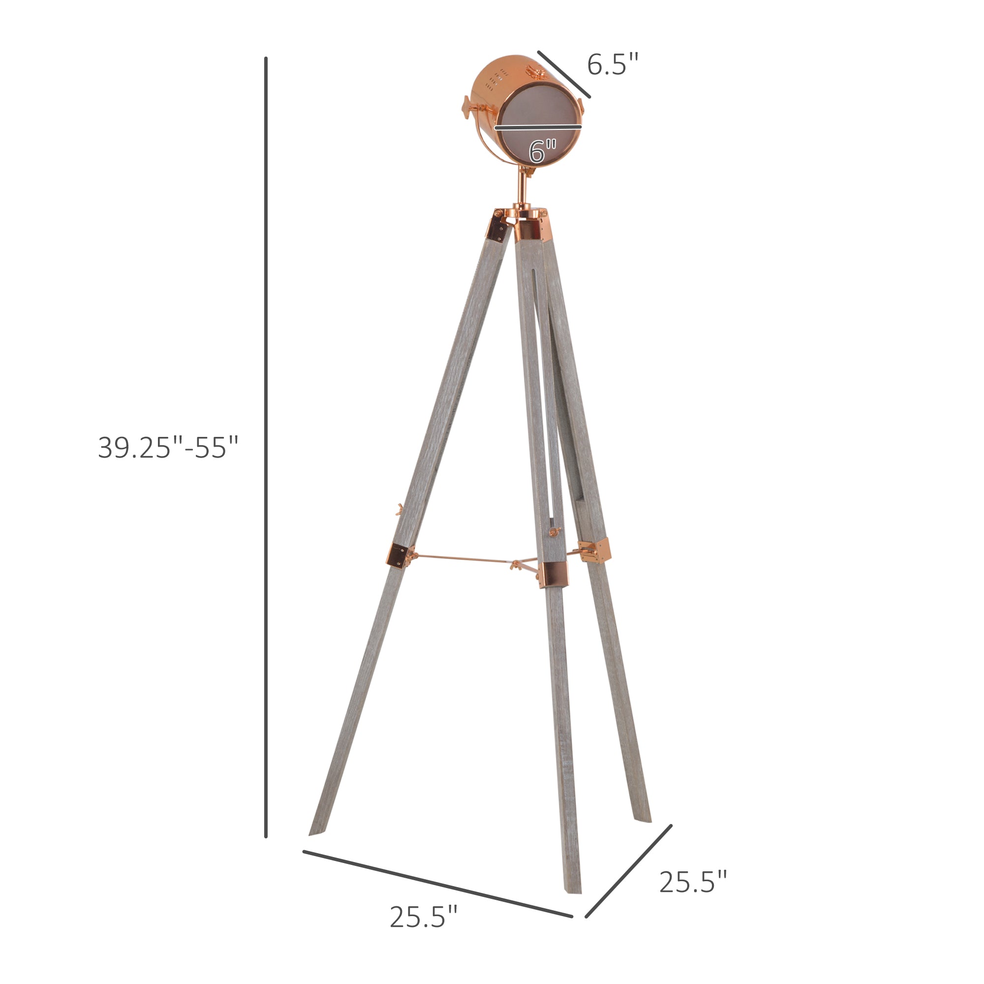 HOMCOM Vintage Tripod Floor Lamp, Height Adjustable Nautical Spotlight with Wood Legs, E12 Lamp Base for Living Room, Bedroom, Grey and Rose Gold