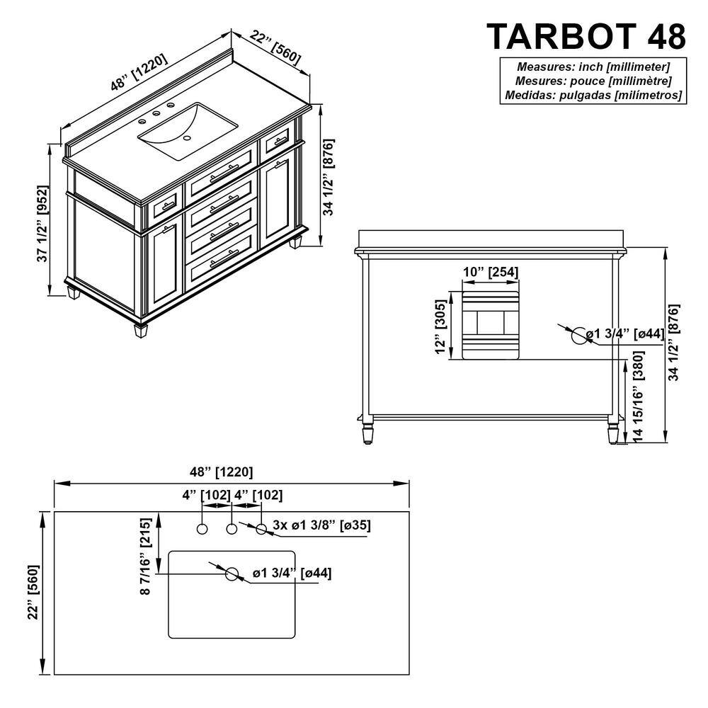 Home Decorators Collection Tarbot 48 in. W x 22 in. D x 34.5 in. H Bath Vanity in White with White Marble Top Tarbot 48W