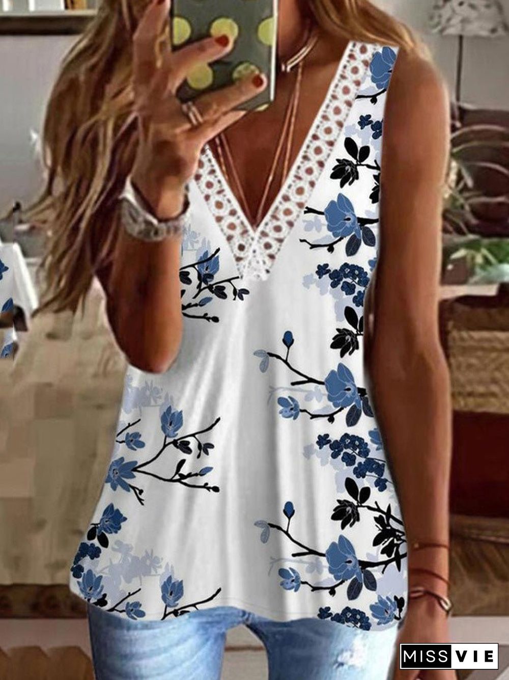 Women'S Tank Tops Lace V-Neck Print Sleeveless Tank Top