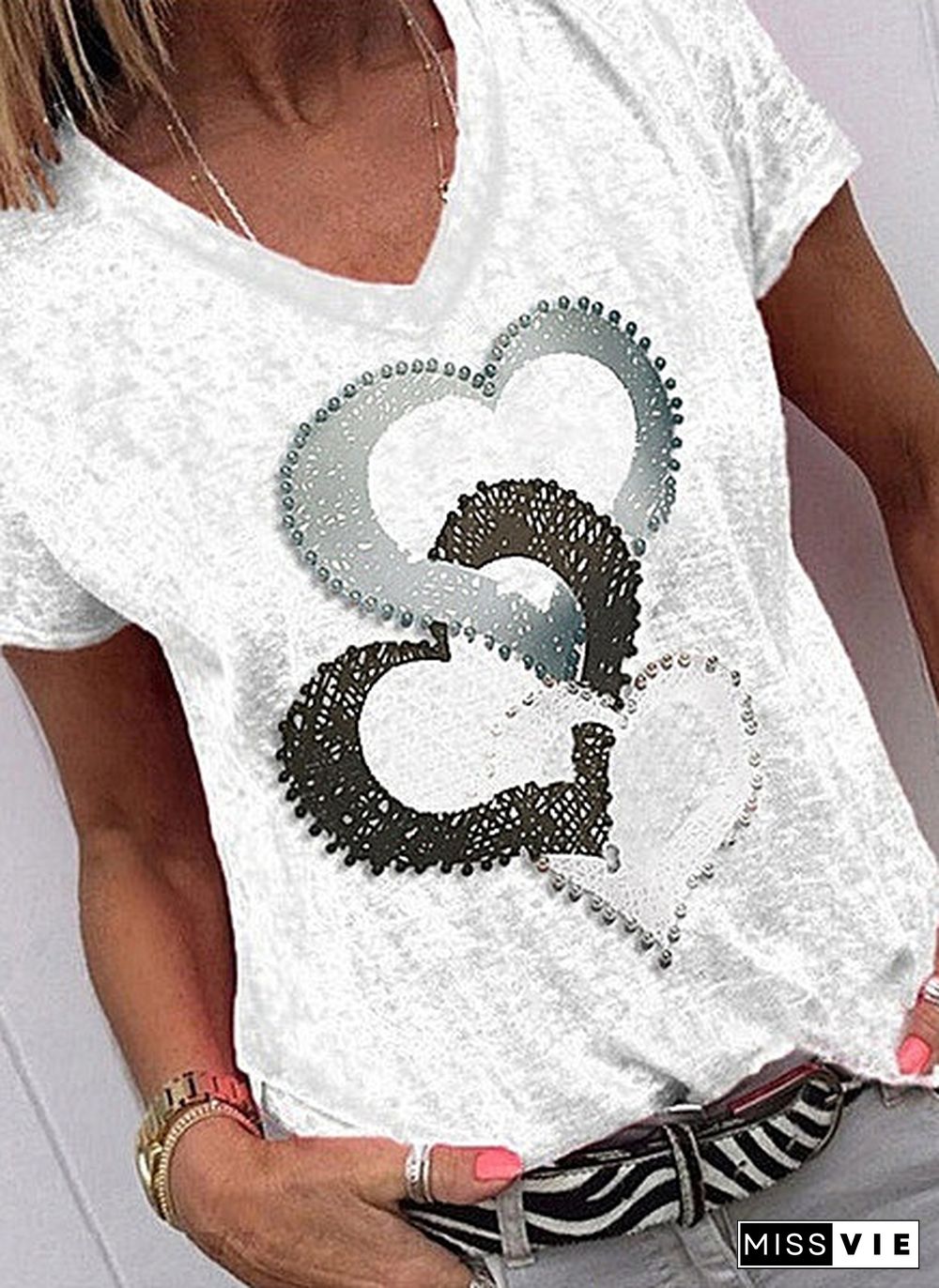 NEW Fashion Women Summer Love Print Beads Short Sleeve Shirt Top V-Neck Casual Loose Blouse Plus Size T-shirt