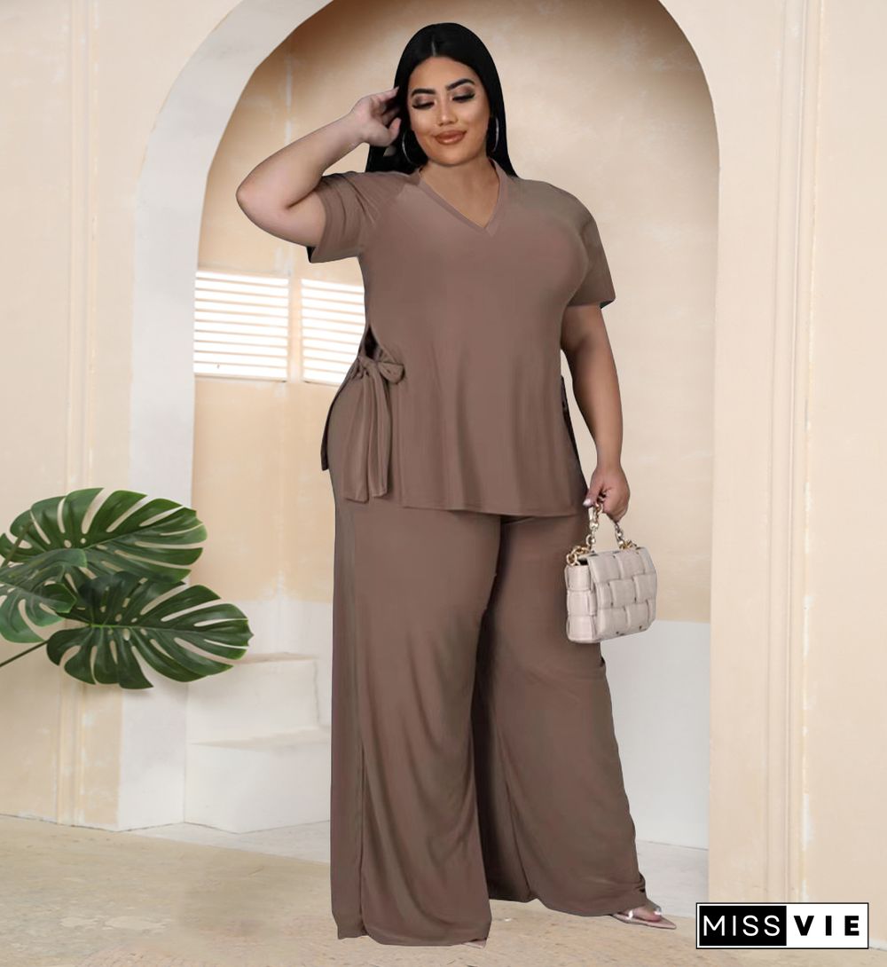 Loose V Neck Side Lace Up Tops Wide Leg Pants Set