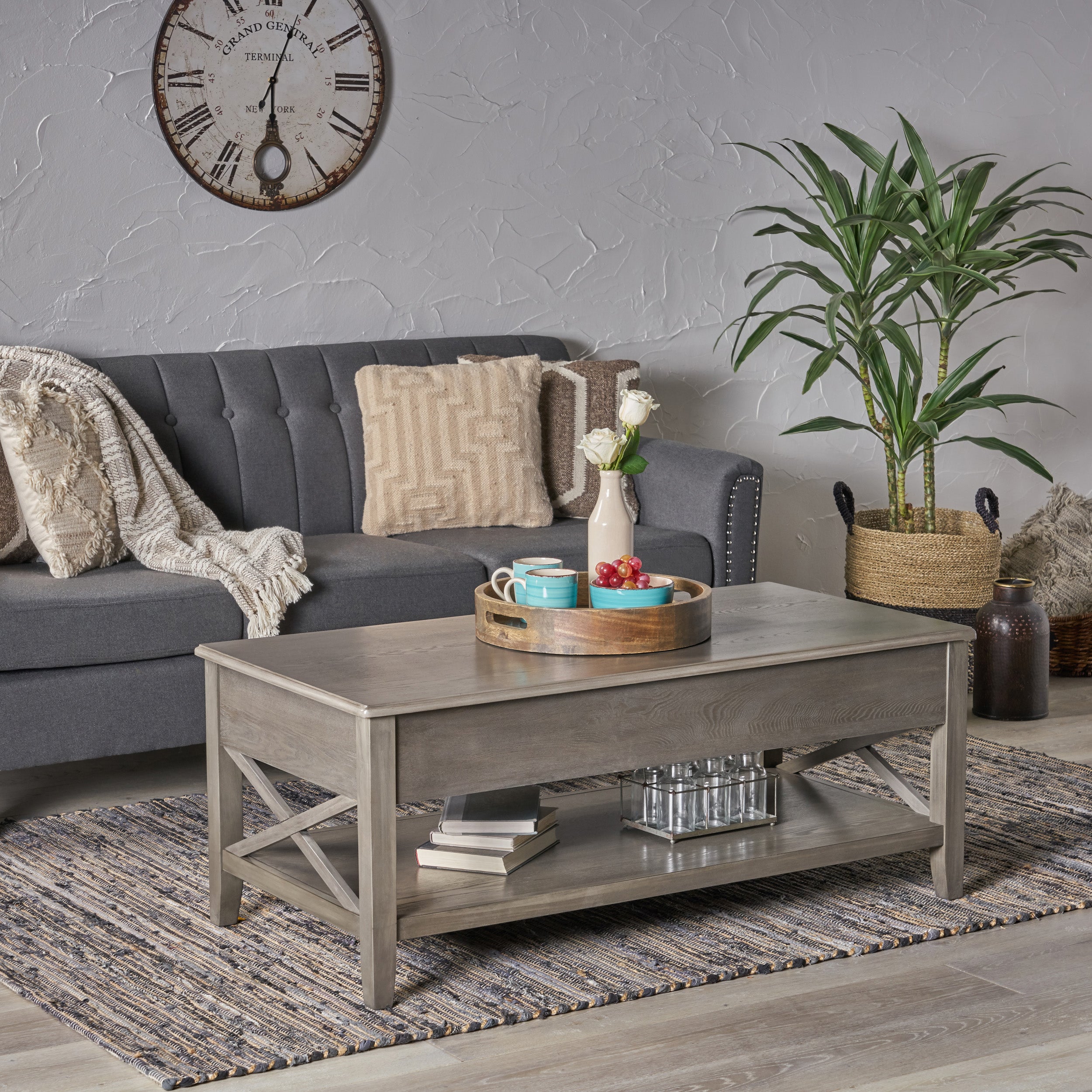 Laurel Luke Farmhouse Faux Wood Lift Top Coffee Table