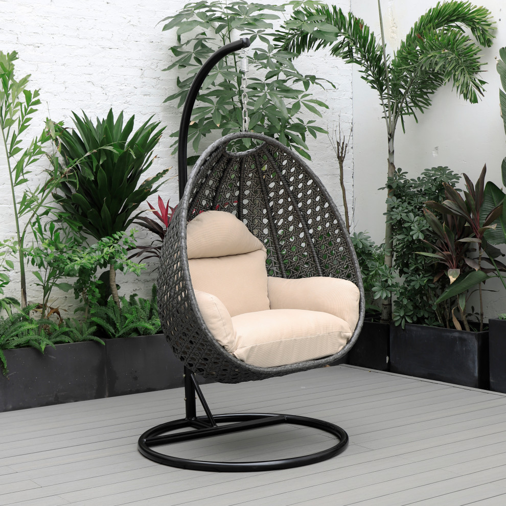 LeisureMod Charcoal Wicker Hanging Egg Chair With Stand  ampCushion   Tropical   Hammocks And Swing Chairs   by LeisureMod  Houzz