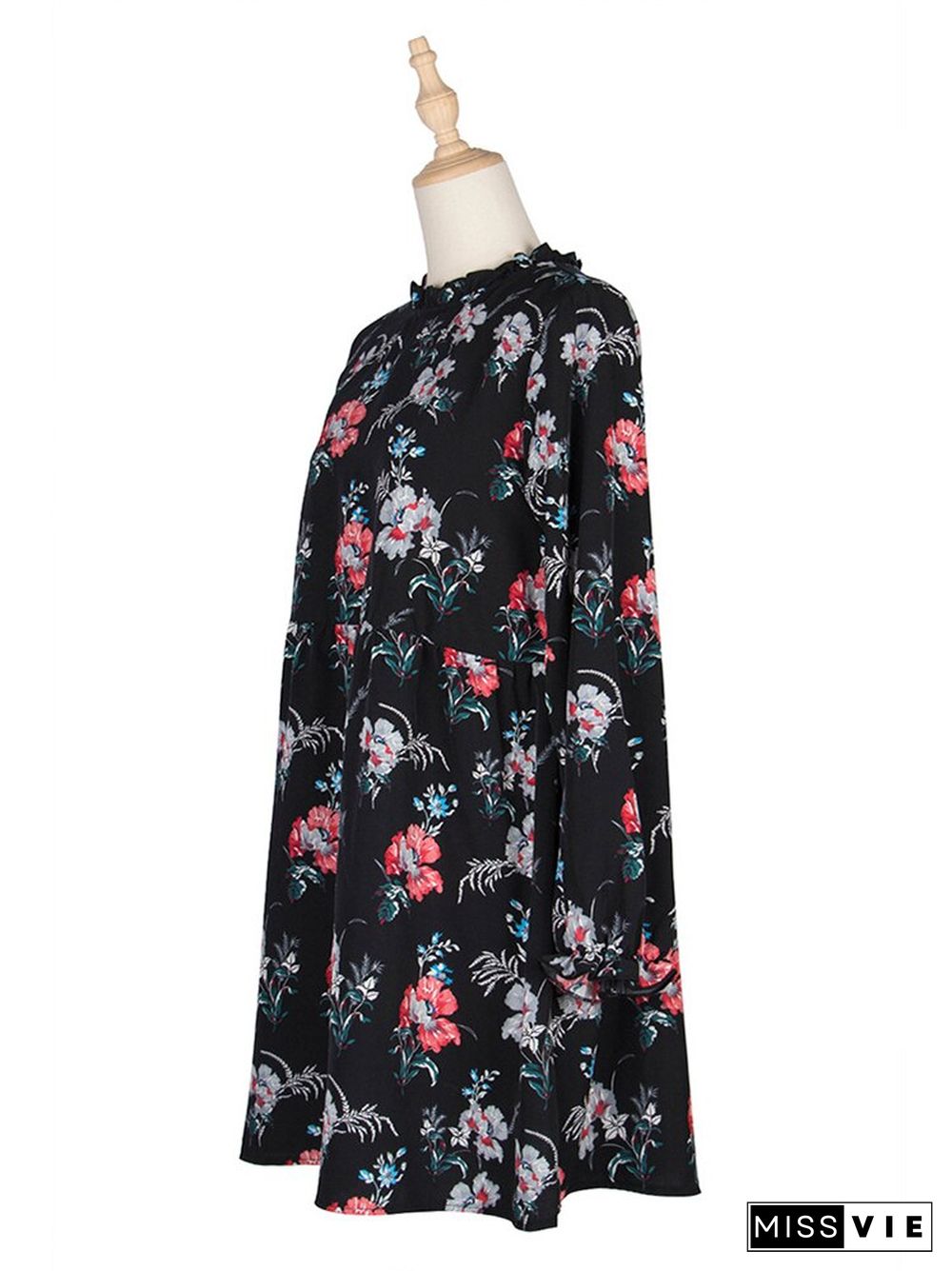 New Autumn Winter Fashion Floral Dress Women Casual Full Sleeve High Waist Loose Print Dress