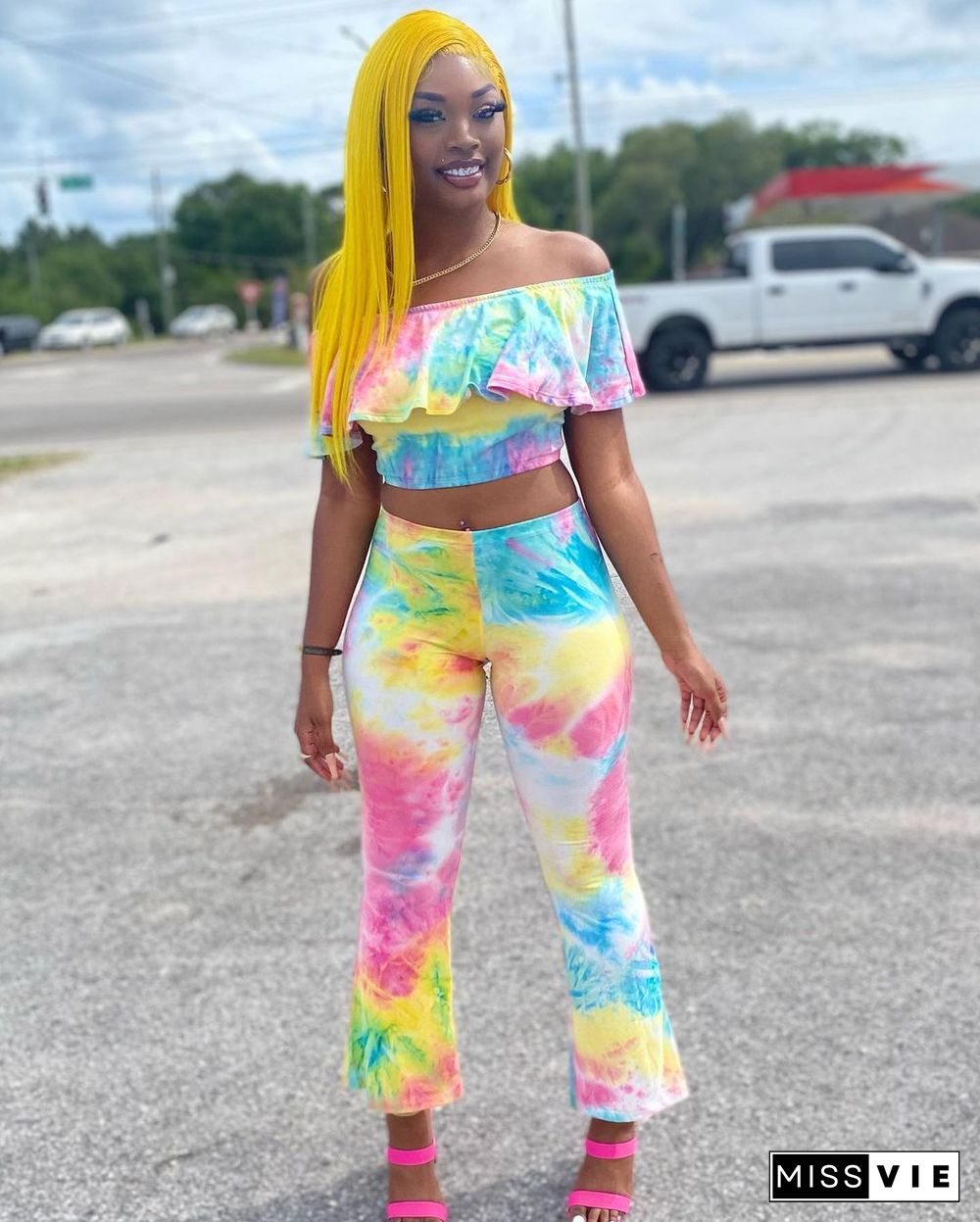 Tie Dye Ruffle Slash Neck Crop Top Flare Pants Outfits