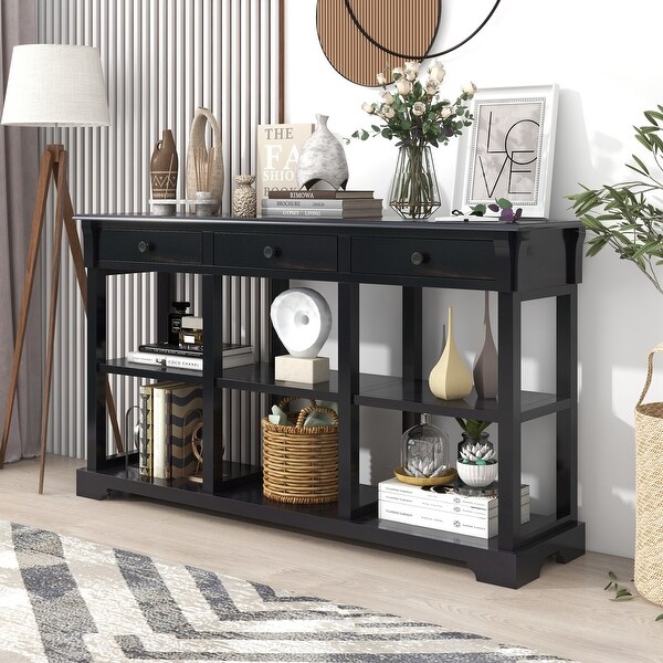 Console Table with Ample Storage， Open Shelves and Drawers