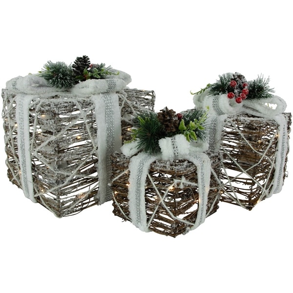 Set of 3 LED Gift Boxes With Pine Berries Christmas Decorations 9.75