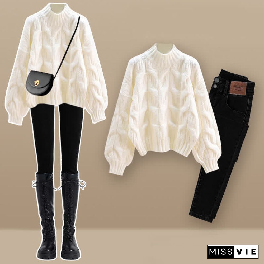 Chic Pure Color Cable Sweater Plush Pants Two Pieces Set