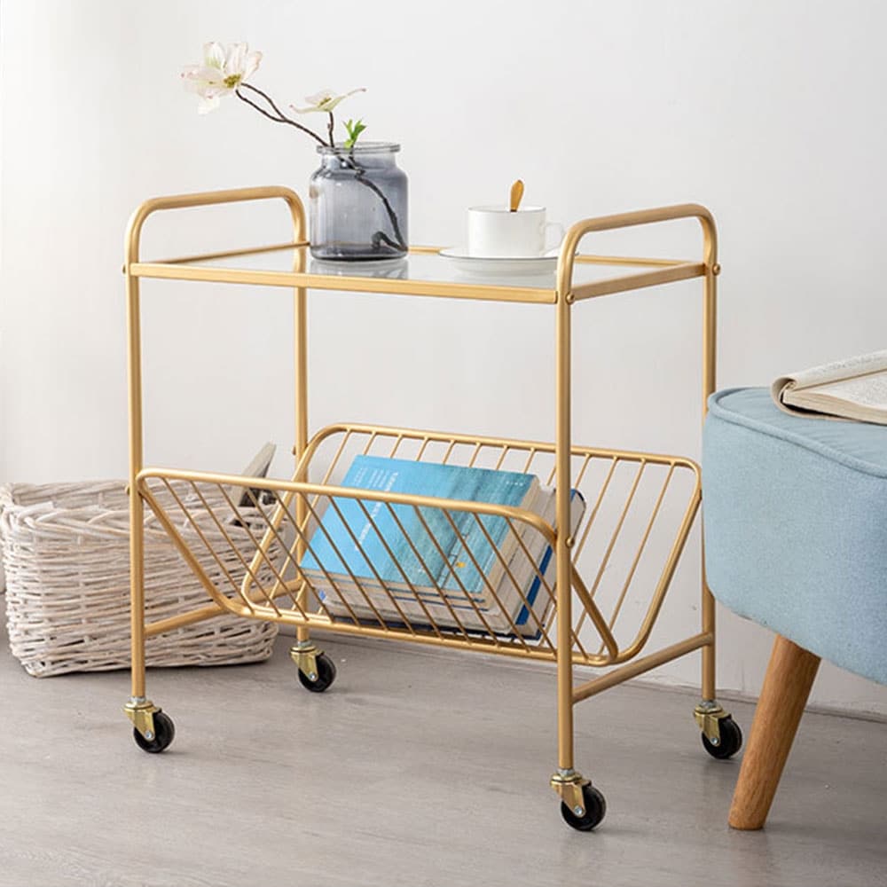 Mobile Gold Glass-top End Table with Magazine Rack