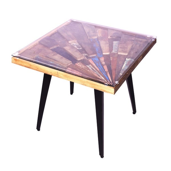 Multicolor Square Wooden End Table Sunburst Design Glass Inserted Top