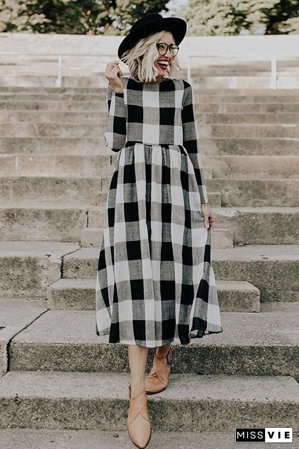 Countryside Vibe Tartan Long Sleeve Maxi Dress